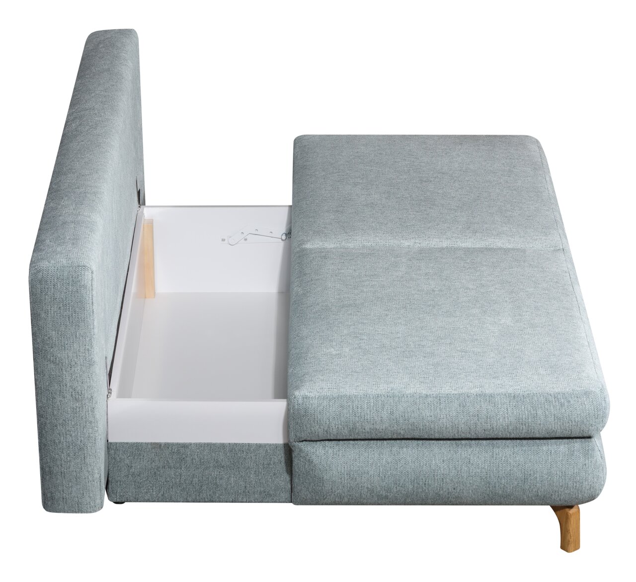 Querschläfer-Sofa in hellgrauem Stoff mit ausgezogenem Bettkasten, seitliche Perspektive