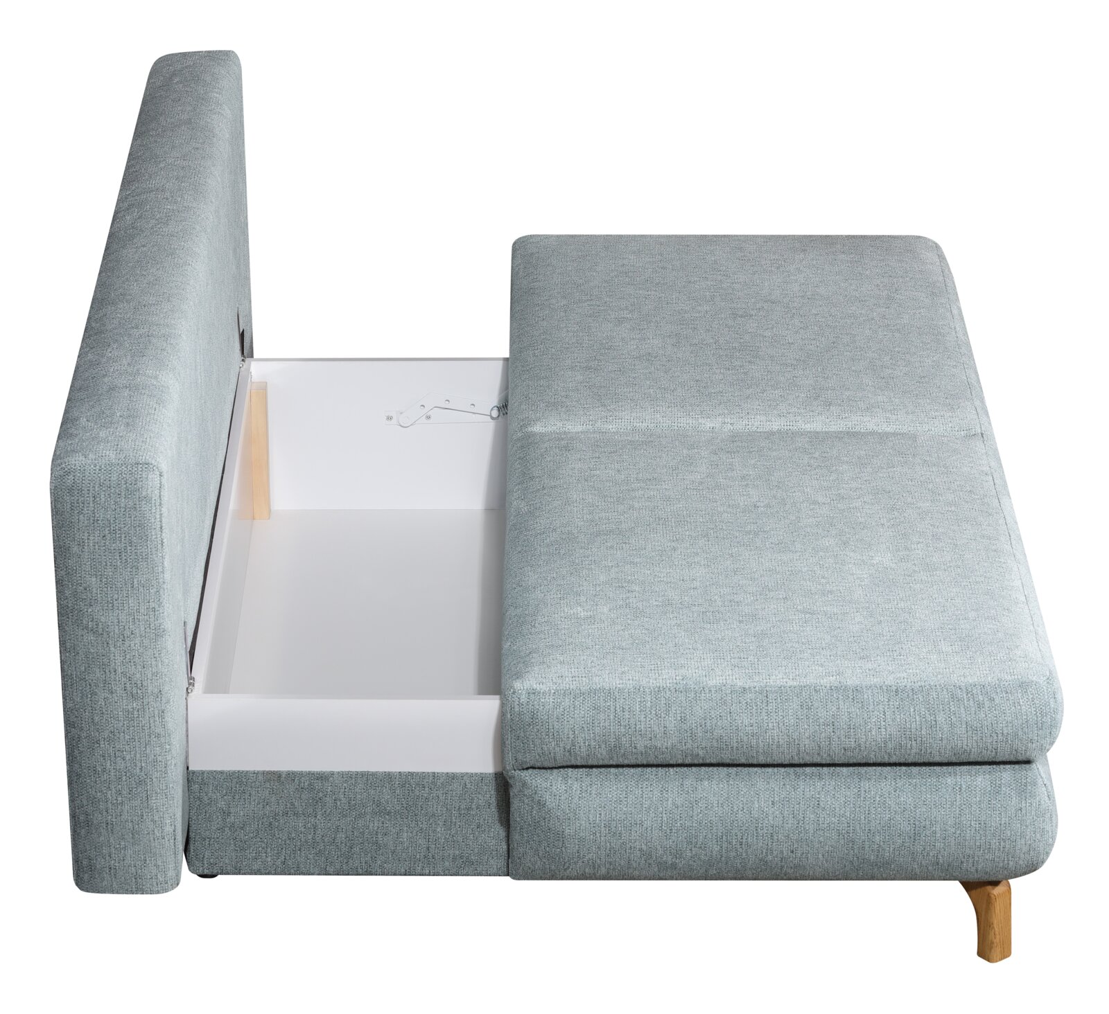 Querschläfer-Sofa in hellgrauem Stoff mit ausgezogenem Bettkasten, seitliche Perspektive