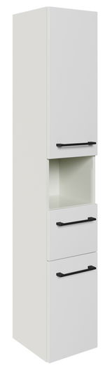 Hochschrank in weißer Farbe mit zwei Türen und einem offenen Fach, schwarze Griffe, seitliche Perspektive