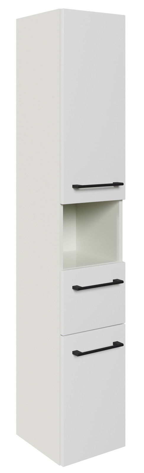 Hochschrank in weißer Farbe mit zwei Türen und einem offenen Fach, schwarze Griffe, seitliche Perspektive