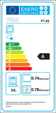 Energieeffizienzlabel für einen Backofen der Marke PKM, Modell F7-2S, mit Energieeffizienzklasse A, 54 Liter Volumen, und einem Energieverbrauch von 0,74 kWh pro Zyklus. Frontalansicht.