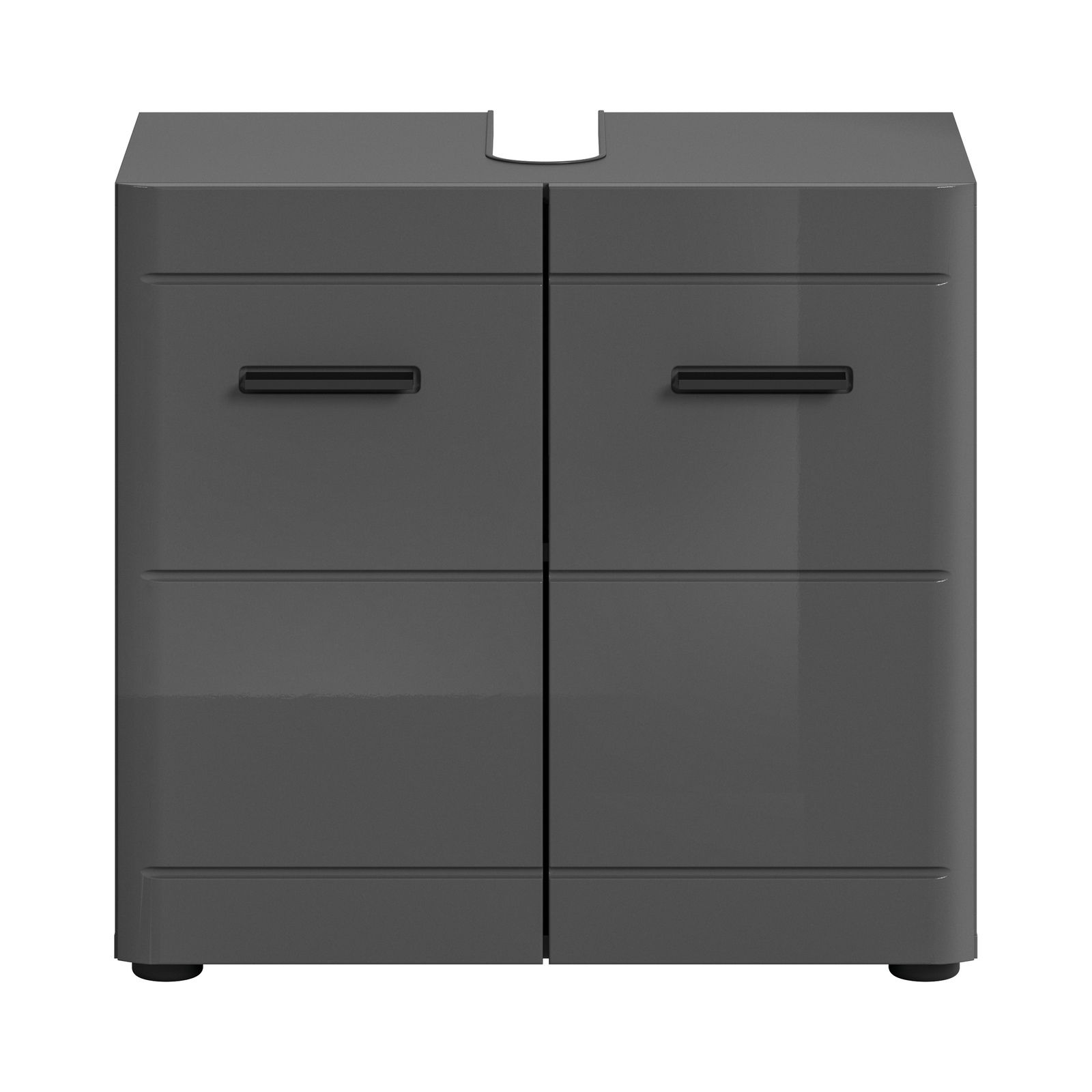 Grauer Waschbeckenunterschrank mit zwei Türen und schwarzen Griffen, Frontalansicht