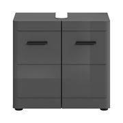 Grauer Waschbeckenunterschrank mit zwei Türen und schwarzen Griffen, Frontalansicht