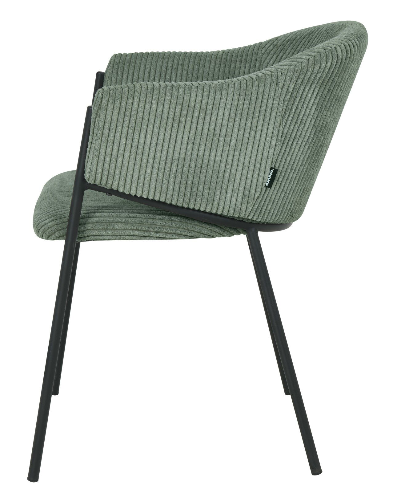 Z2 Armlehnstuhl KRONOS Seitenansicht eines grünen Armlehnstuhls mit geripptem Stoffbezug und schwarzen Metallbeinen.