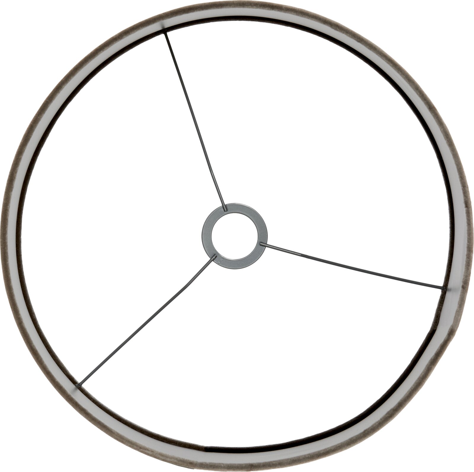 Ronde witte lampenkap met contrasterende donkere randen en metalen frame, van bovenaf gezien