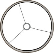 Ronde witte lampenkap met contrasterende donkere randen en metalen frame, van bovenaf gezien