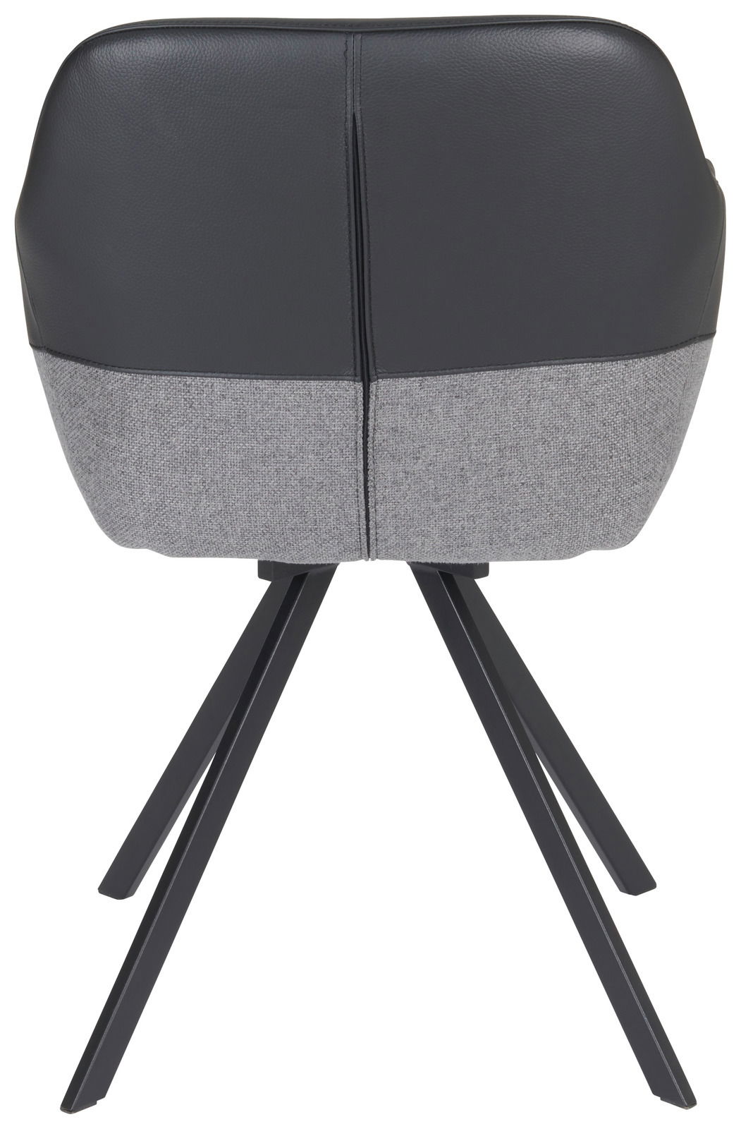 Rückansicht eines modernen Sessels mit schwarzem Leder und grauem Stoffbezug, auf schwarzen Metallbeinen.