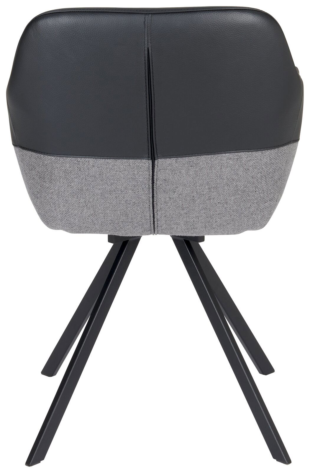 Rückansicht eines modernen Sessels mit schwarzem Leder und grauem Stoffbezug, auf schwarzen Metallbeinen.