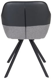 Rückansicht eines modernen Sessels mit schwarzem Leder und grauem Stoffbezug, auf schwarzen Metallbeinen.