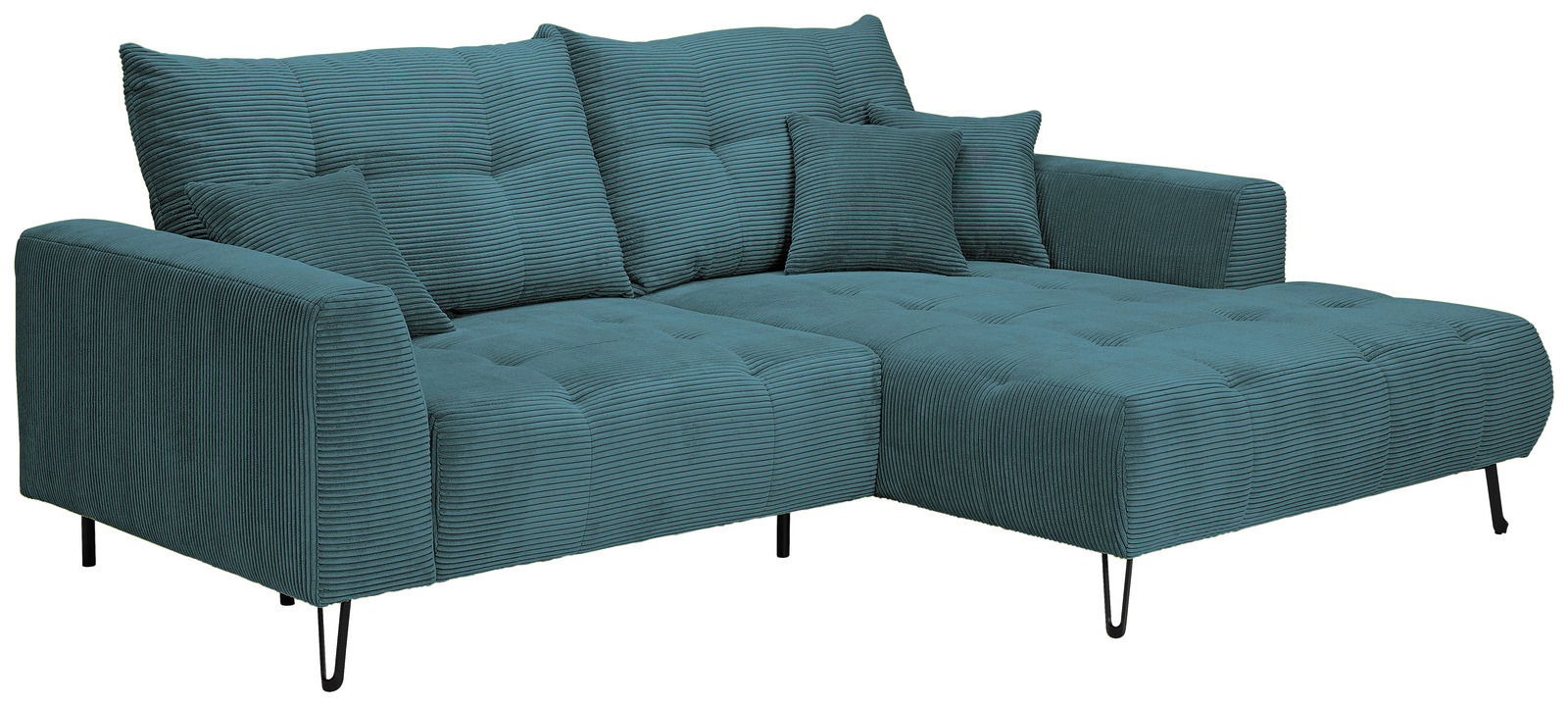 Grünes Ecksofa mit Ottomane rechts, aus geripptem Stoff, mit mehreren Kissen, seitliche Perspektive