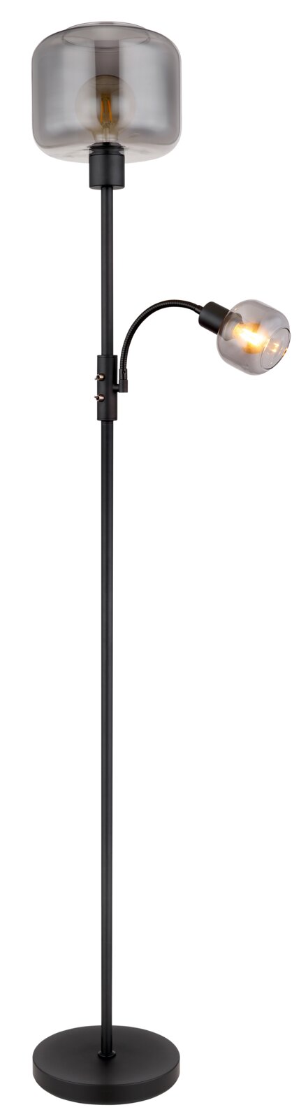 Moderne Stehleuchte mit zwei Leuchtköpfen, einer großen oberen und einer kleineren seitlichen, in schwarzem Design, seitliche Perspektive.