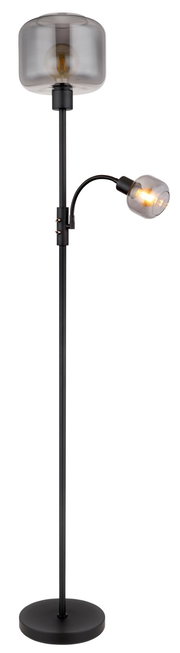 Moderne Stehleuchte mit zwei Leuchtköpfen, einer großen oberen und einer kleineren seitlichen, in schwarzem Design, seitliche Perspektive.