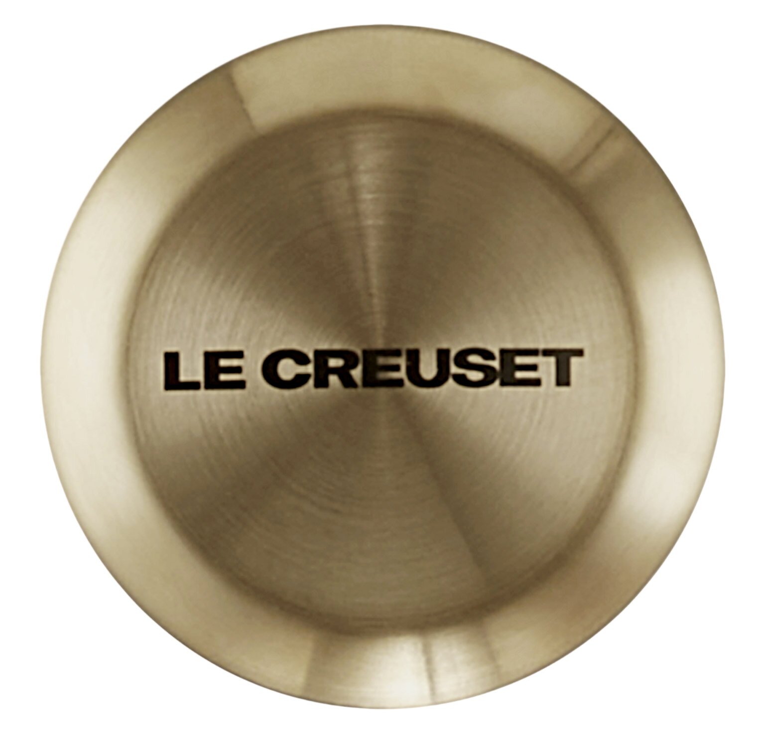 Deckelknopf in Hellgold mit der Aufschrift 'Le Creuset', Ansicht von oben