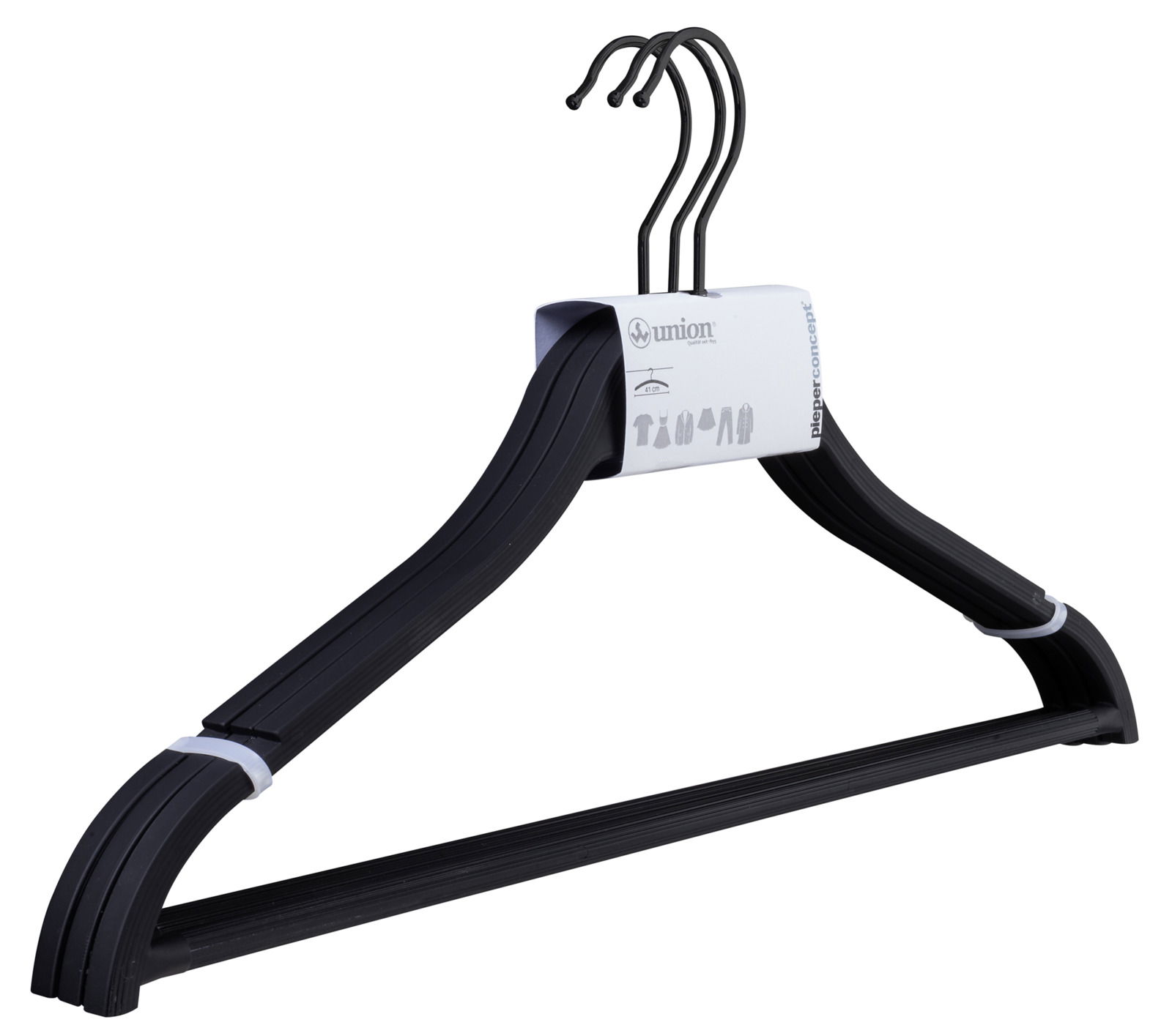 Schwarzes Kleiderbügel-Set aus Kunststoff, bestehend aus drei Bügeln, in seitlicher Perspektive.