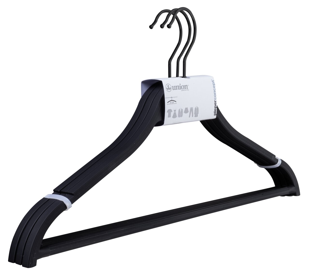 Schwarzes Kleiderbügel-Set aus Kunststoff, bestehend aus drei Bügeln, in seitlicher Perspektive.