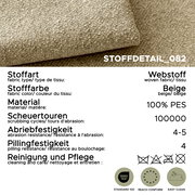 Beiger Webstoff (100% PES) als Stoffdetail in Nahaufnahme, schräg von oben fotografiert; hohe Scheuertouren 100.000, Abriebfestigkeit 4–5, Pillingfestigkeit 4, mit Pflegehinweisen sowie OEKO-TEX Standard 100, REACH conform und Easy Clean Symbolen.