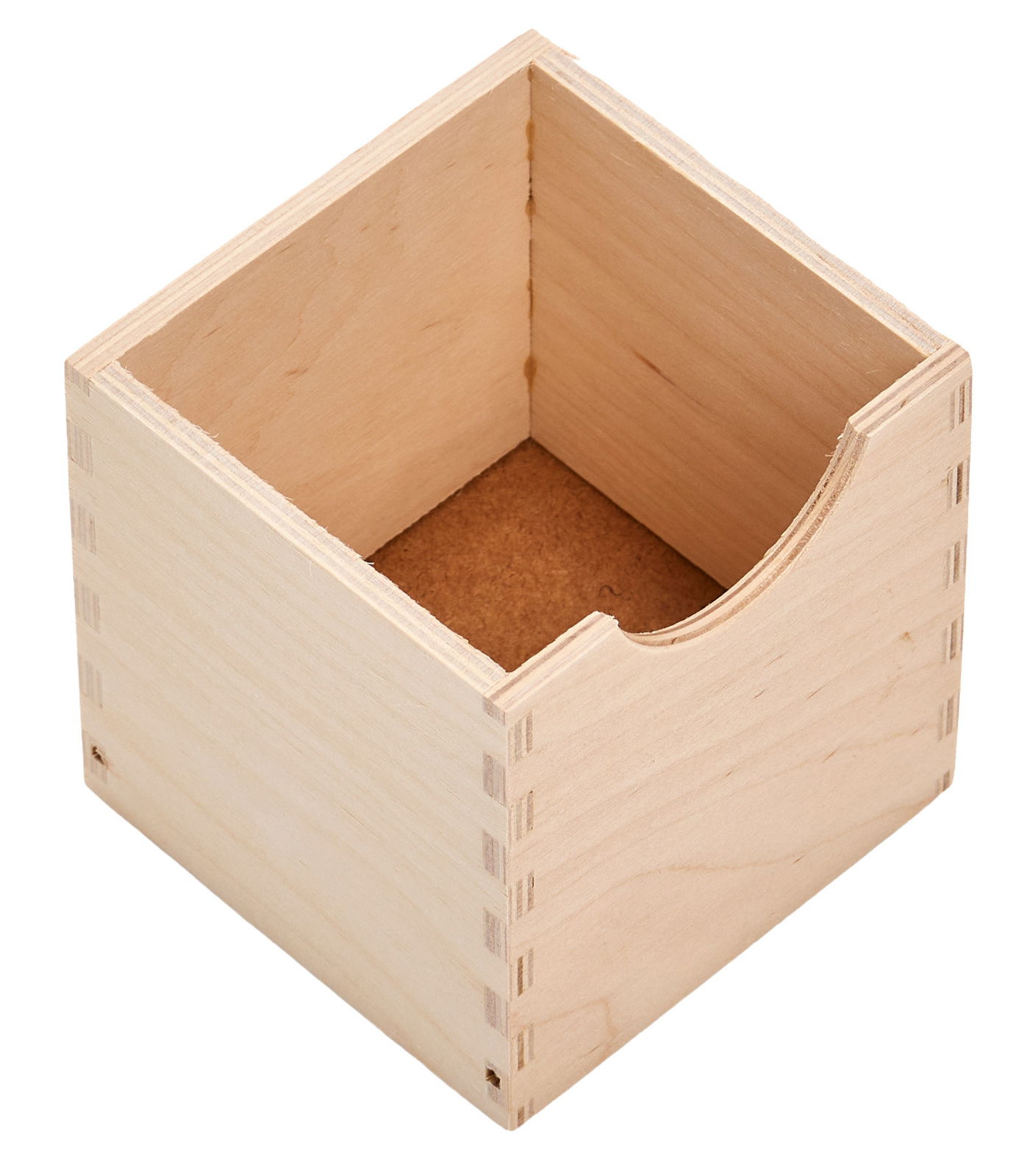 Holz-Schubladenelement mit offener Vorderseite, aus der Vogelperspektive fotografiert