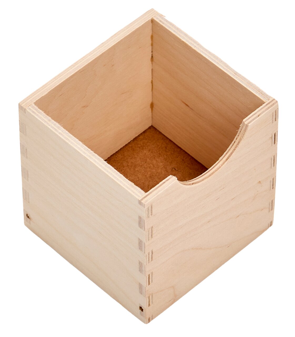 Holz-Schubladenelement mit offener Vorderseite, aus der Vogelperspektive fotografiert