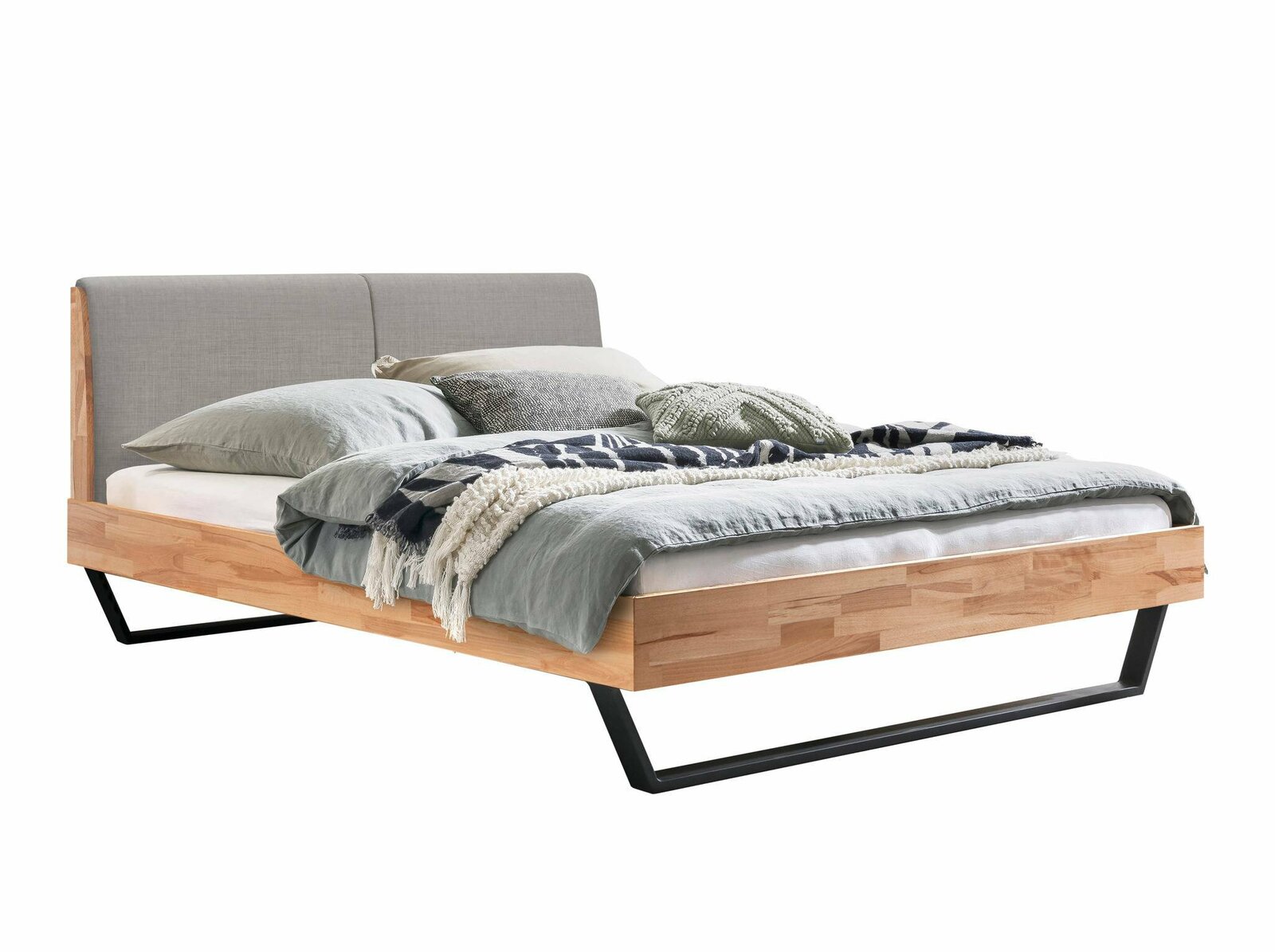 Modernes Bettgestell aus Holz mit grauem Kopfteil und schwarzem Metallrahmen, seitliche Perspektive