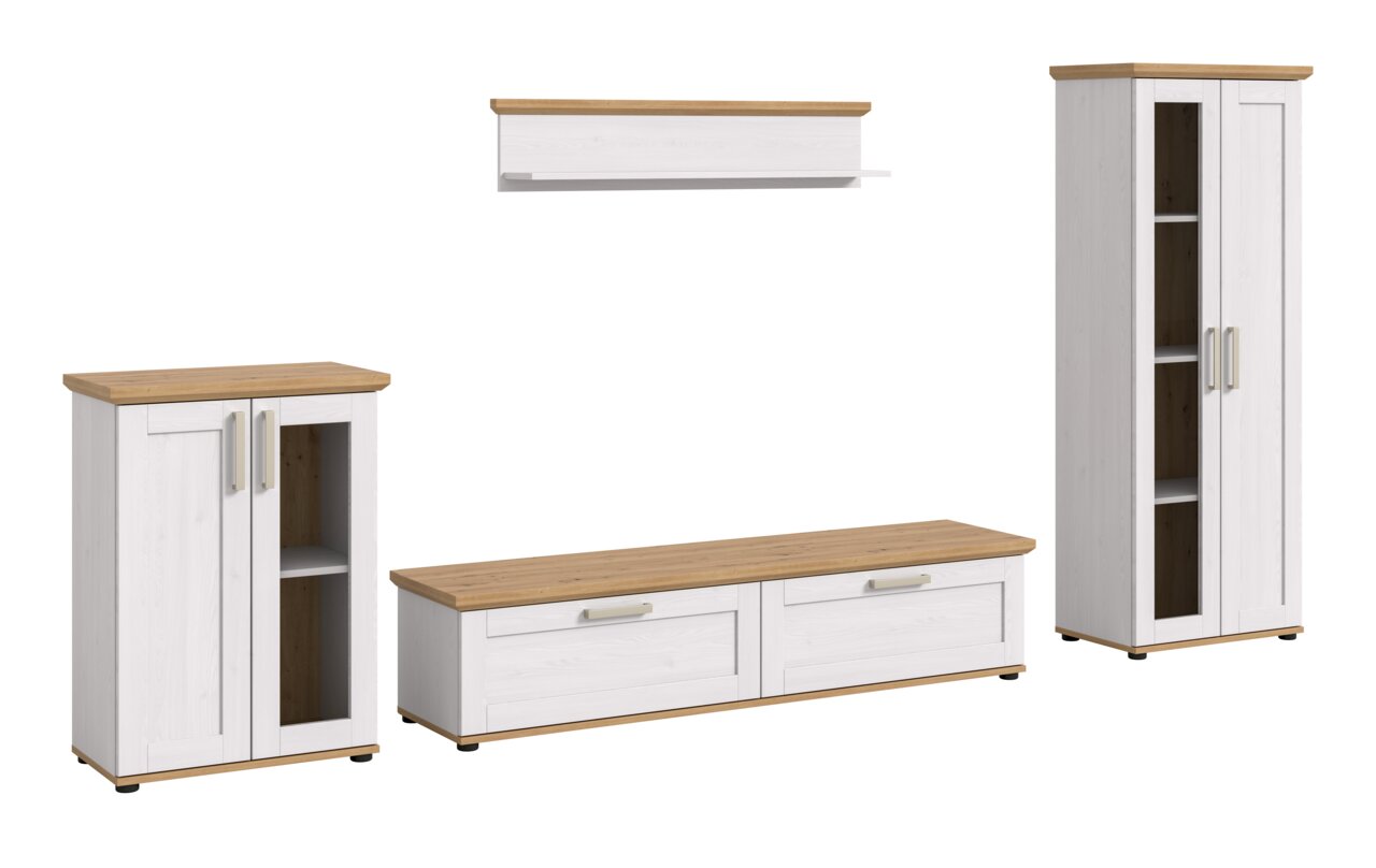 Wohnkombination in Weiß mit Holzoberflächen, bestehend aus einem hohen Schrank, einem niedrigen TV-Schrank und einem Wandregal, frontal betrachtet.