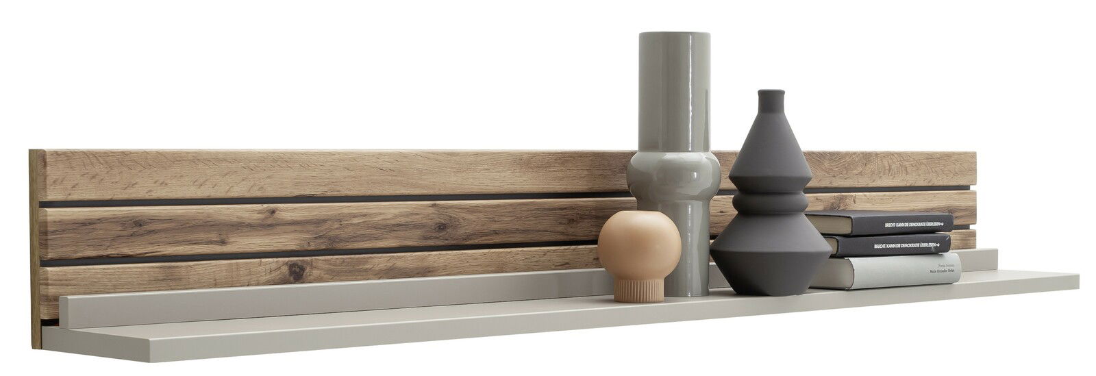 Wandboard aus Holz mit dekorativen Vasen und Büchern, seitliche Perspektive
