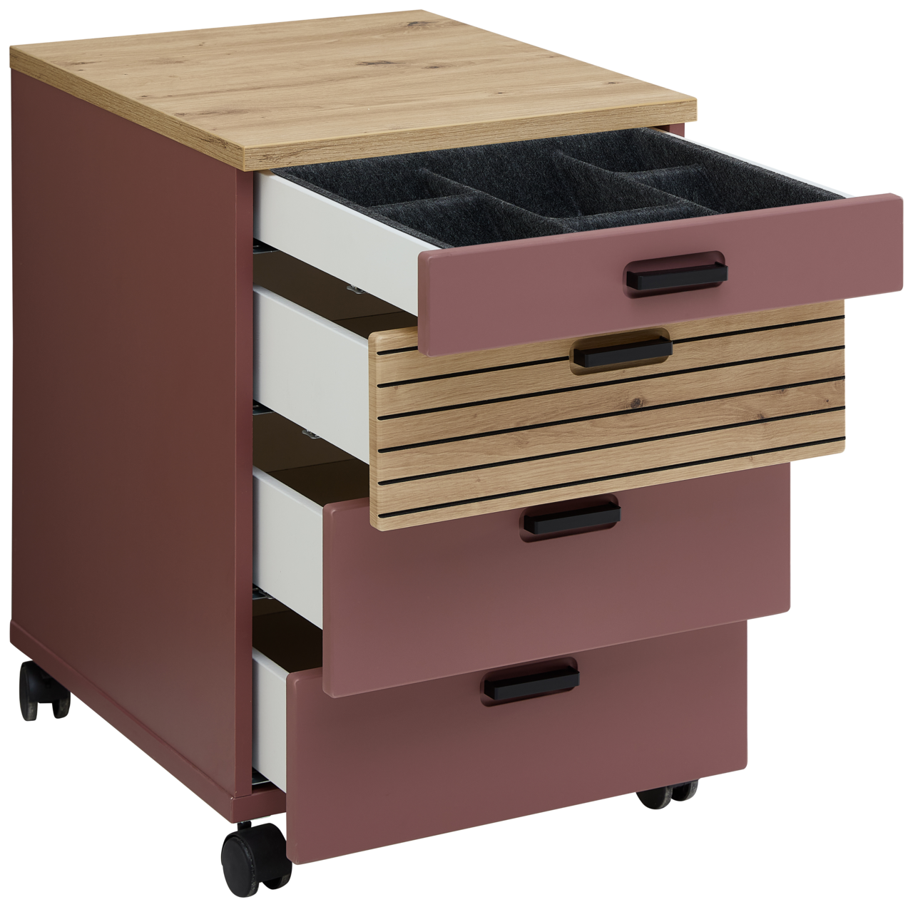 Rollcontainer mit vier Schubladen, teilweise geöffnet, in einer schrägen Perspektive. Oberseite aus Holz, Schubladen in Rosa und Holzoptik, auf Rollen.