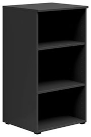 Schwarzes Regal mit drei offenen Fächern, seitliche Perspektive