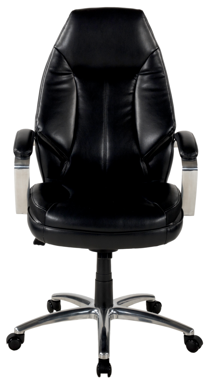 Schwarzer Chefsessel aus Leder mit Armlehnen und verchromtem Fußkreuz, Frontalansicht