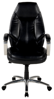 Schwarzer Chefsessel aus Leder mit Armlehnen und verchromtem Fußkreuz, Frontalansicht