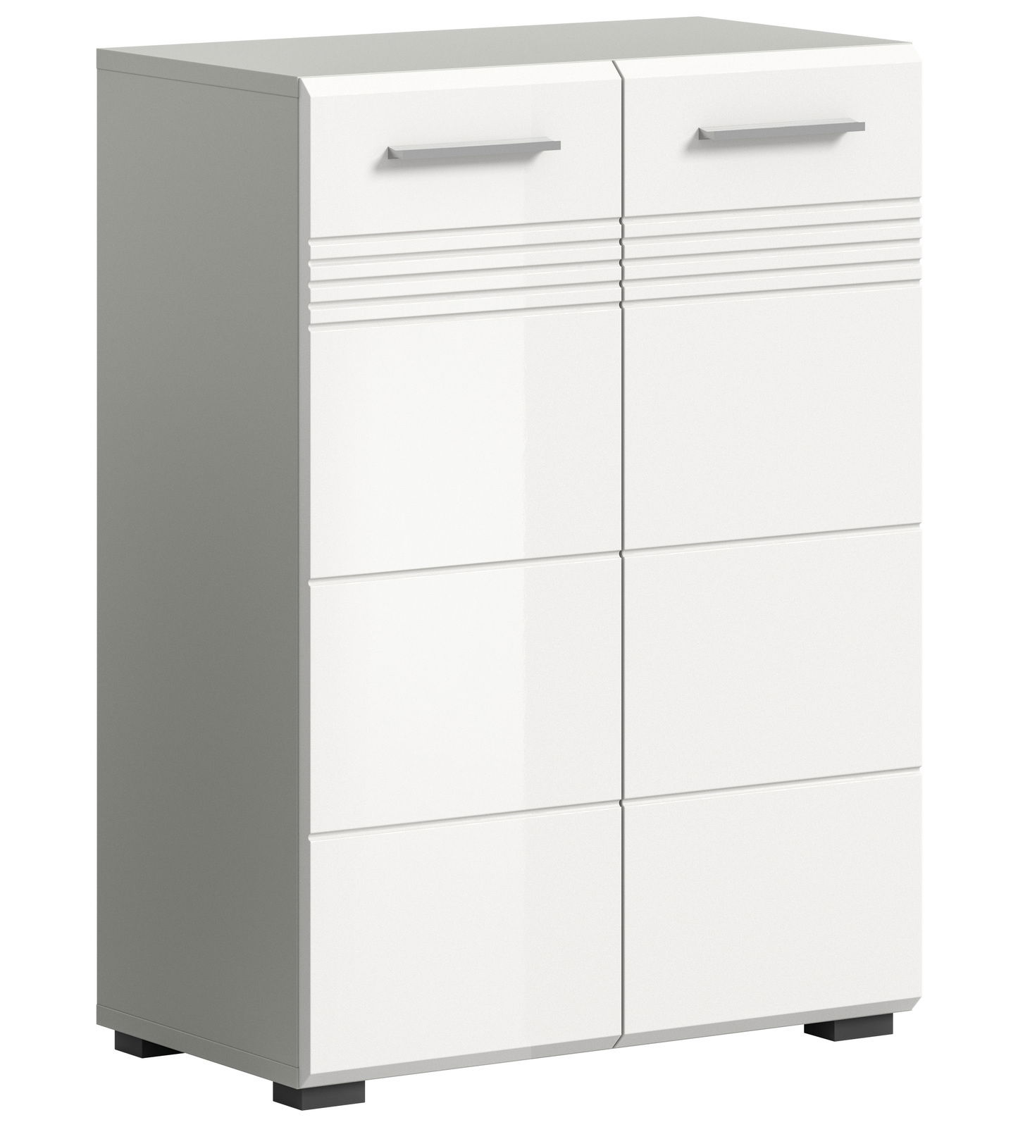 Weißer Midischrank mit zwei Türen und modernen Griffen, seitliche Perspektive