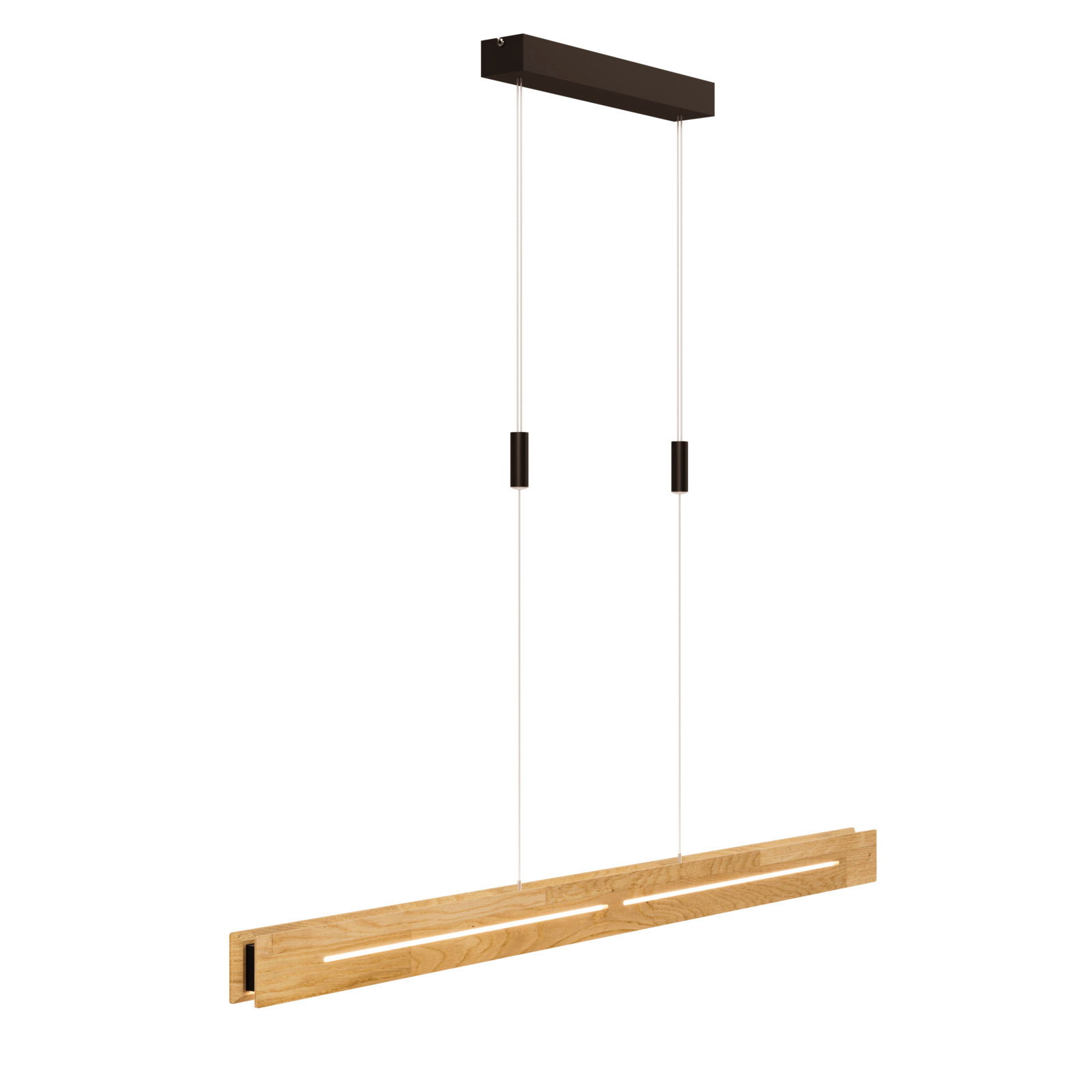 Moderne LED-Pendelleuchte aus Holz, seitliche Perspektive