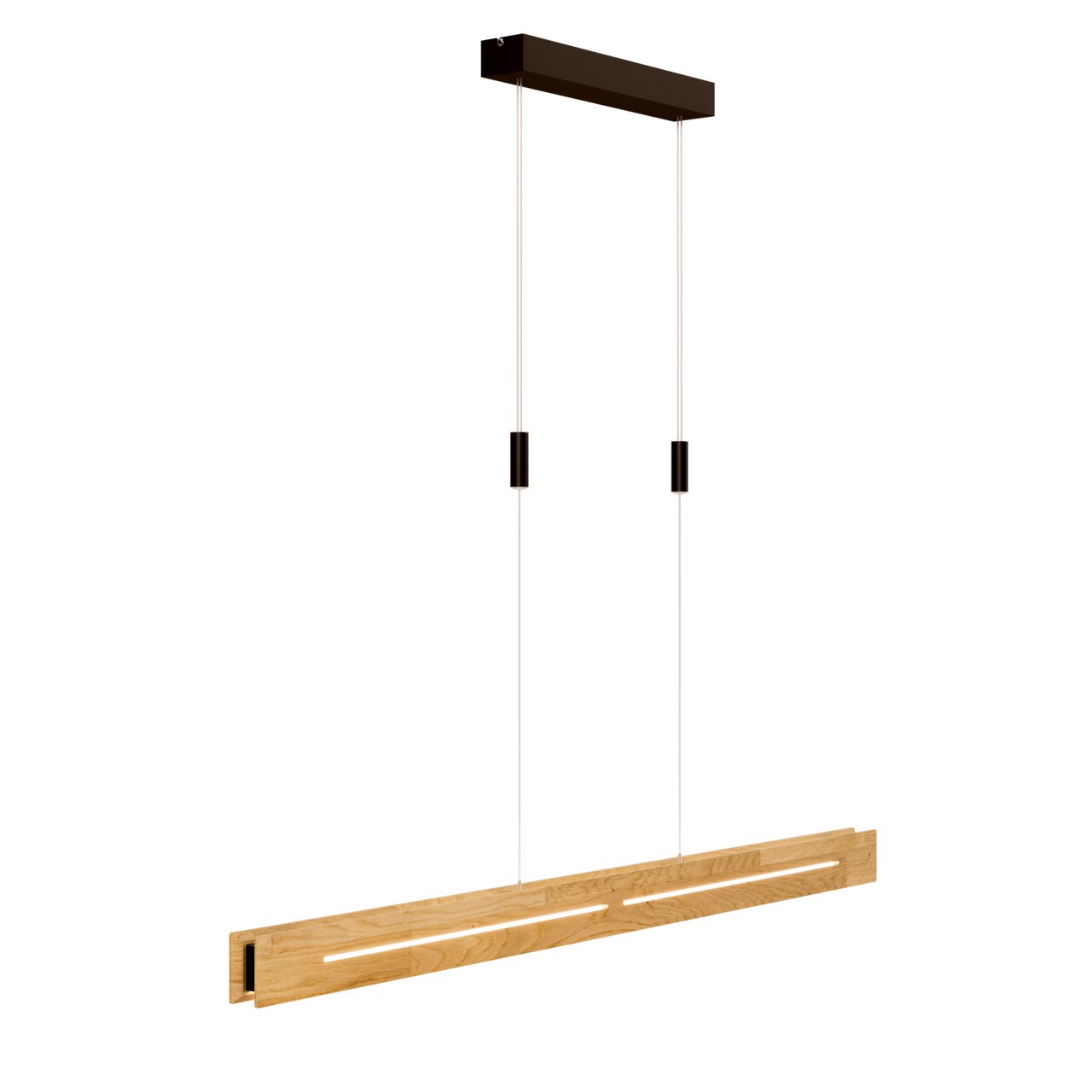 Moderne LED-Pendelleuchte aus Holz, seitliche Perspektive