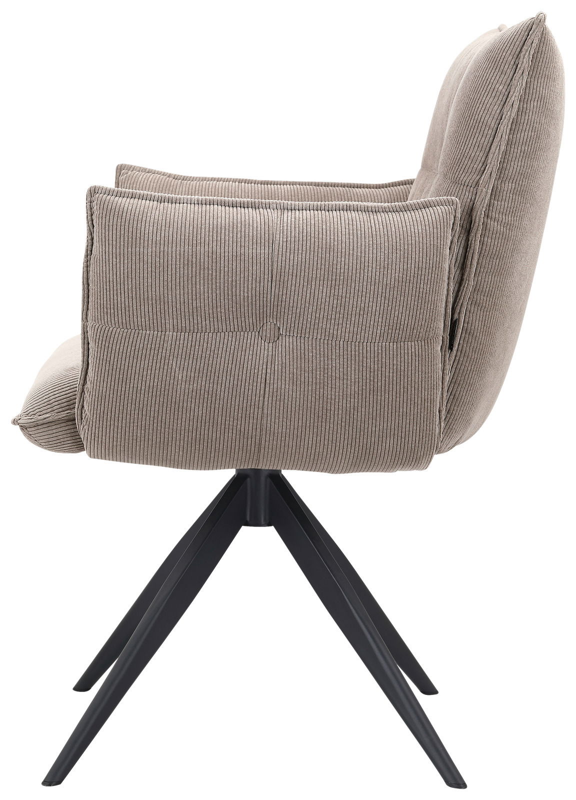 Seitenansicht eines Armlehnstuhls mit grauem, geripptem Stoffbezug und schwarzen Metallbeinen.