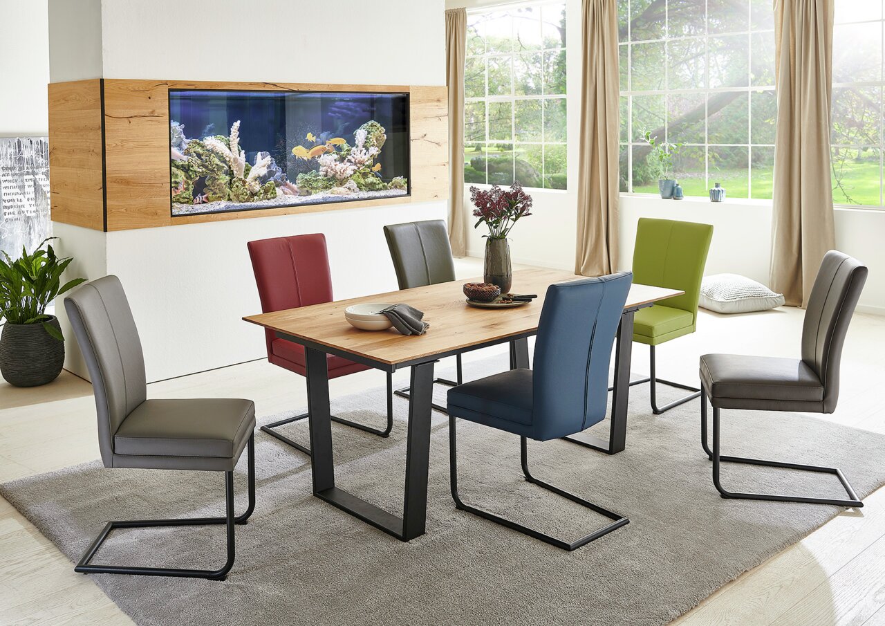 Escando Natur Freischwinger-Stuhl COLORA Esszimmer mit modernem Freischwinger-Stuhl-Set in verschiedenen Farben um einen Holztisch, seitliche Perspektive.