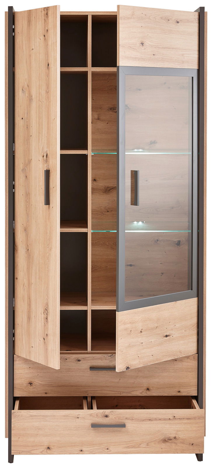Vitrine aus Holz mit Glasfront, offene Schubladen und Fächer, Perspektive von vorne