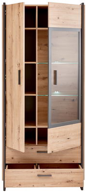 Vitrine aus Holz mit Glasfront, offene Schubladen und Fächer, Perspektive von vorne