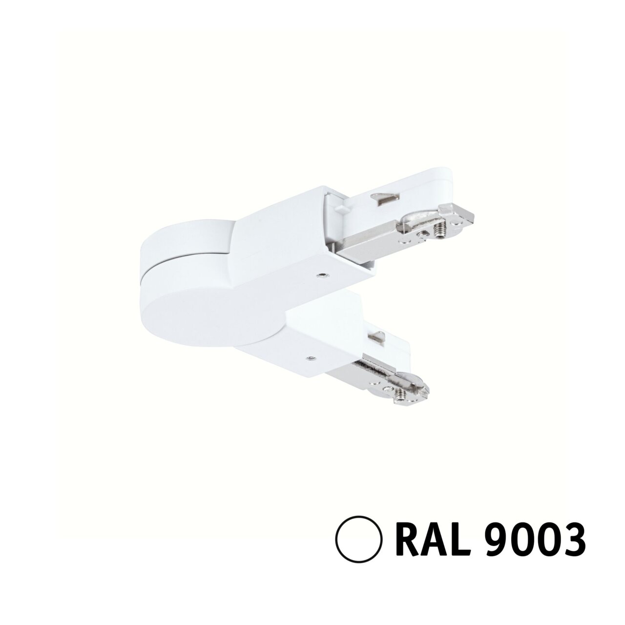 Weißer Gelenkverbinder für URAIL-System, seitliche Perspektive, RAL 9003
