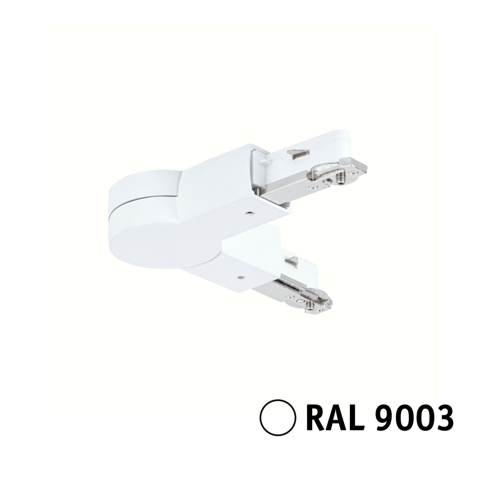Weißer Gelenkverbinder für URAIL-System, seitliche Perspektive, RAL 9003