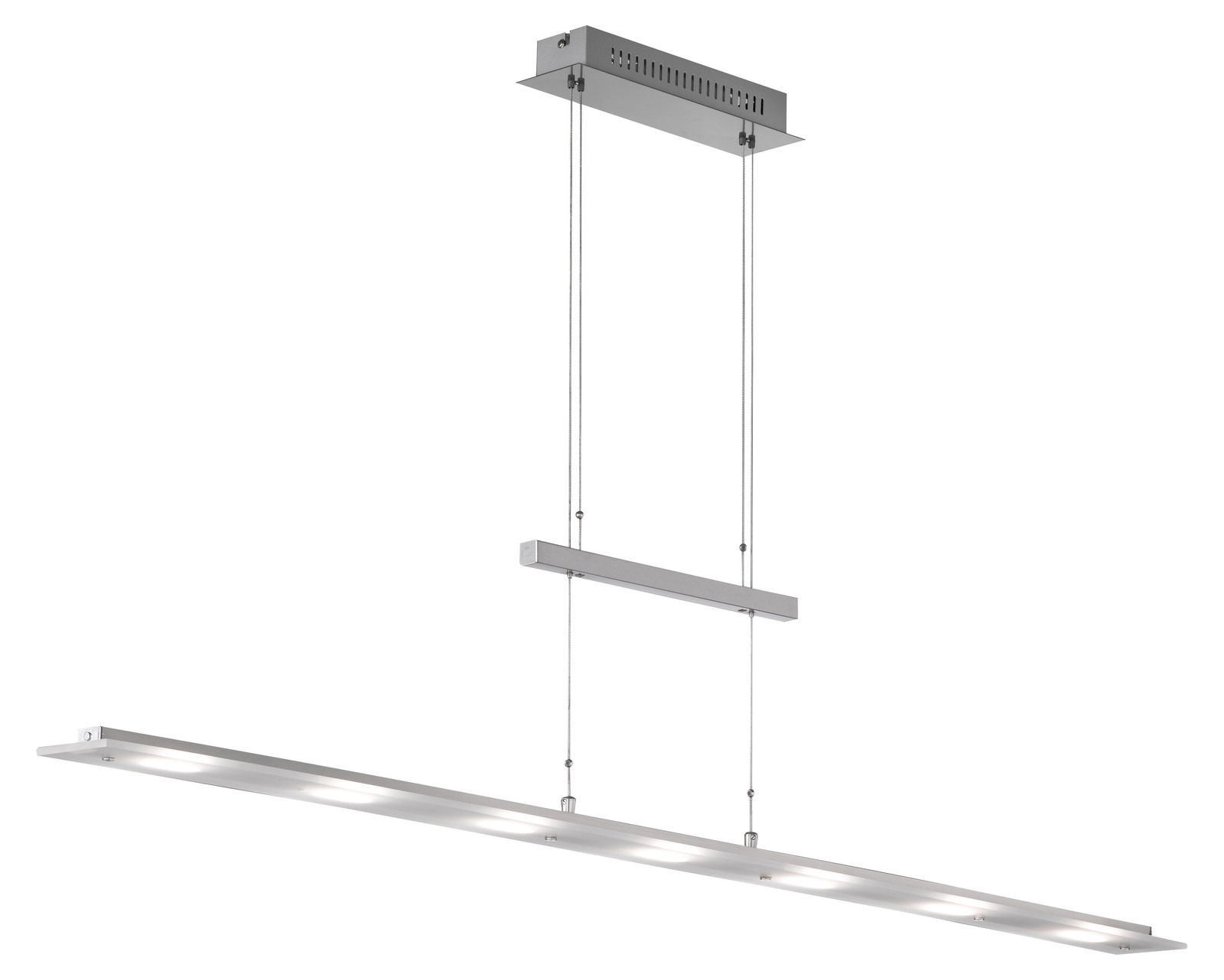 Moderne Pendelleuchte Largo in seitlicher Perspektive, mit schlankem, rechteckigem Design und silberner Oberfläche.