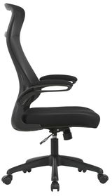 Moderner schwarzer Drehstuhl mit hoher Rückenlehne und Armlehnen, Seitenansicht