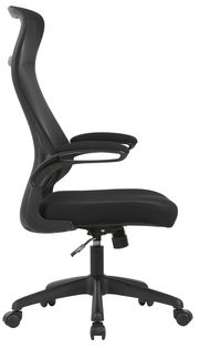 Moderner schwarzer Drehstuhl mit hoher Rückenlehne und Armlehnen, Seitenansicht