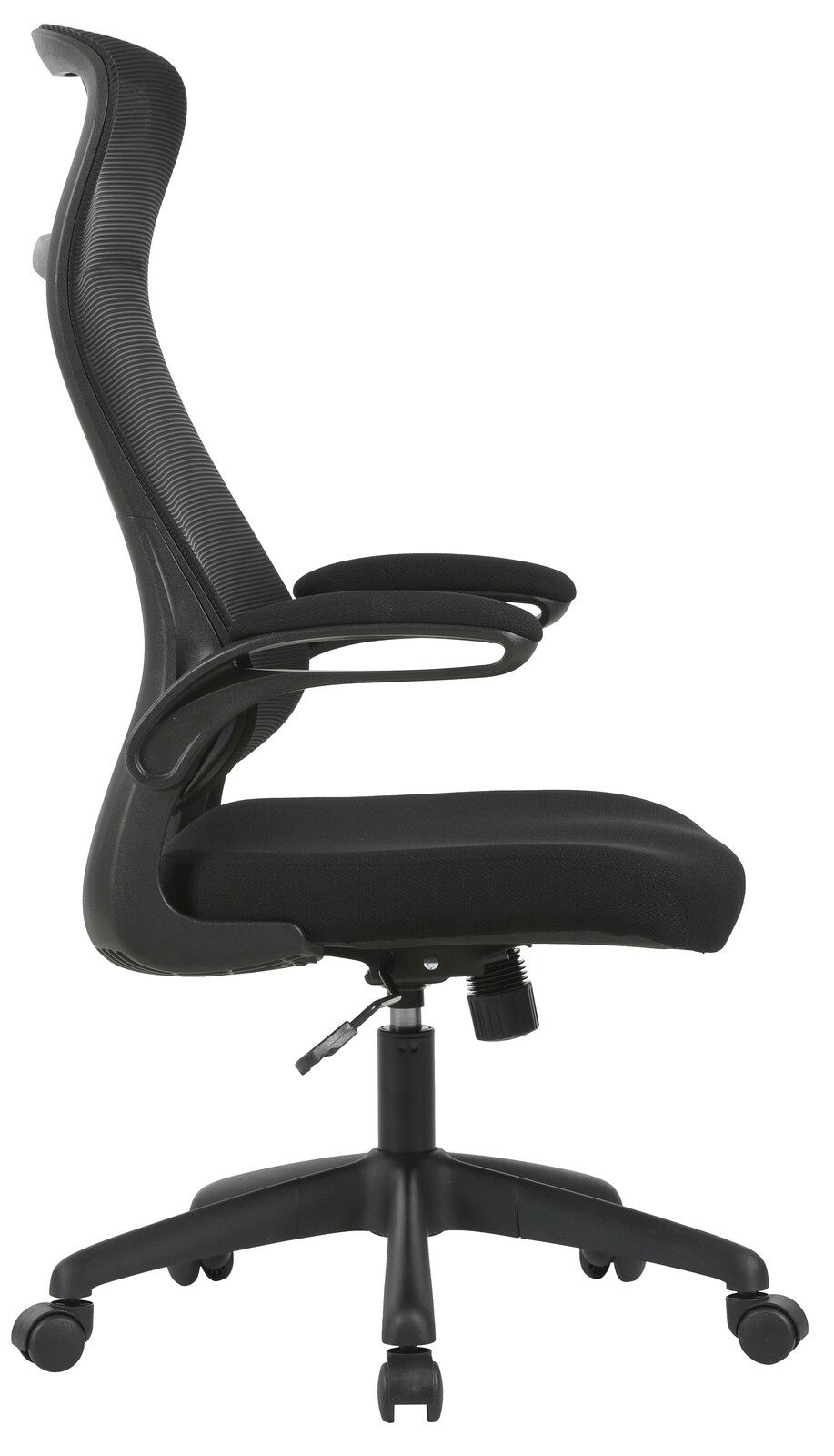 Moderner schwarzer Drehstuhl mit hoher Rückenlehne und Armlehnen, Seitenansicht