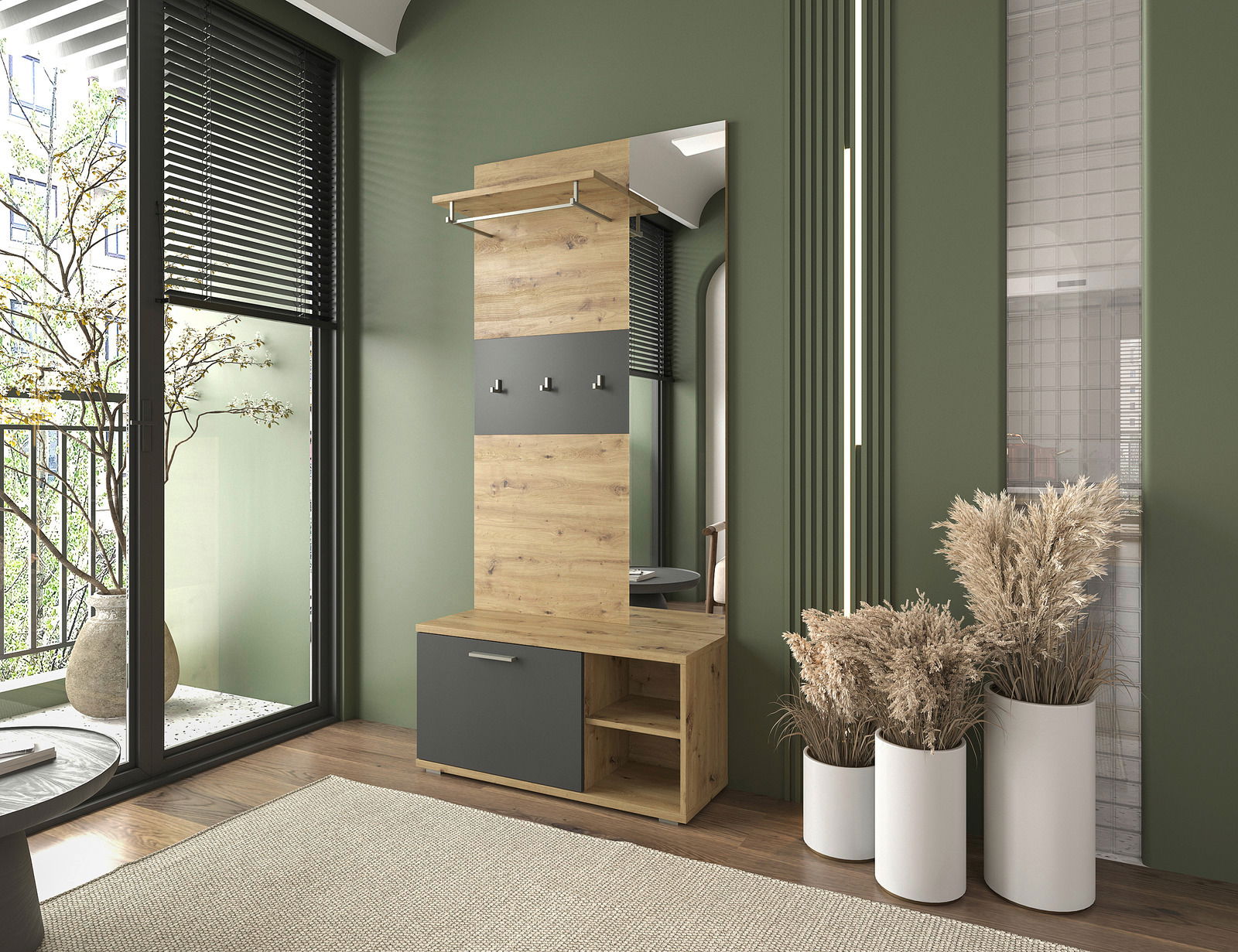 Kompaktgarderobe aus Holz mit Spiegel, Kleiderhaken und Stauraum, seitliche Perspektive