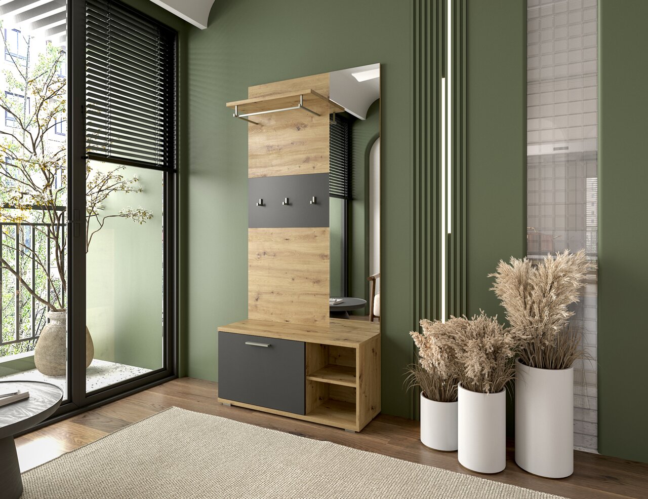 Kompaktgarderobe aus Holz mit Spiegel, Kleiderhaken und Stauraum, seitliche Perspektive