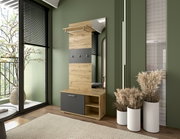 Kompaktgarderobe aus Holz mit Spiegel, Kleiderhaken und Stauraum, seitliche Perspektive