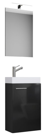 Modernes Badmöbel-Set mit rechteckigem Spiegel und aufgesetzter LED-Spiegelleuchte sowie schwarzem Waschtischunterschrank mit weißem Aufsatzwaschbecken und Chromarmatur, frontale Ansicht