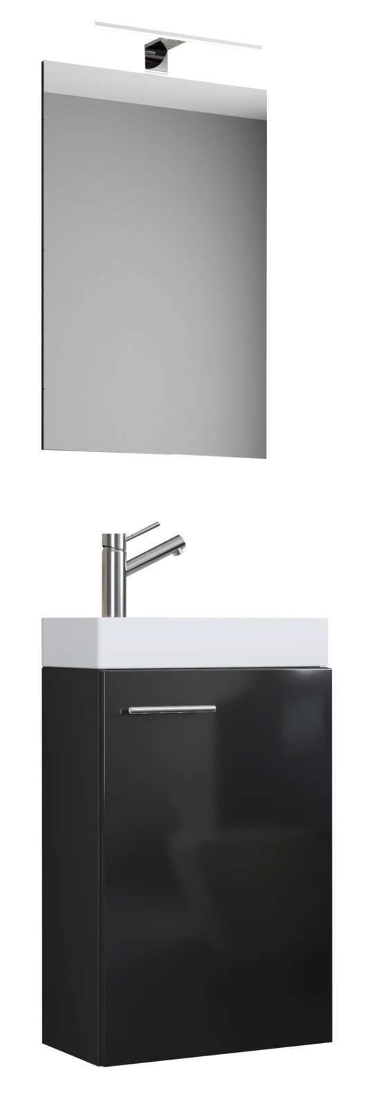 Modernes Badmöbel-Set mit rechteckigem Spiegel und aufgesetzter LED-Spiegelleuchte sowie schwarzem Waschtischunterschrank mit weißem Aufsatzwaschbecken und Chromarmatur, frontale Ansicht