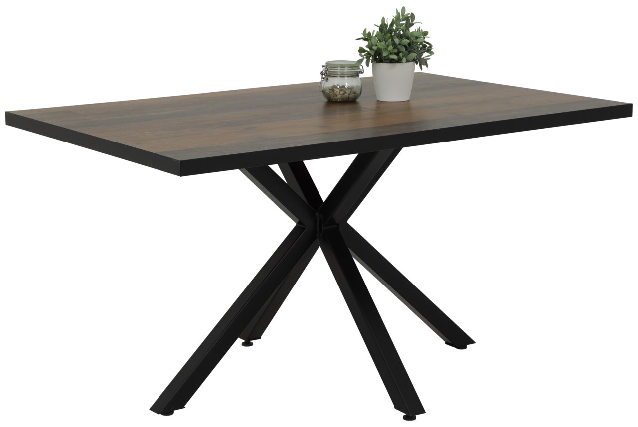 Moderne eettafel met donker houten blad en zwart metalen onderstel, zijaanzicht
