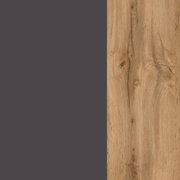 Detailansicht einer Eck-Küchenzeile mit dunkler, glatter Oberfläche und Holzstruktur in natürlichem Braunton.