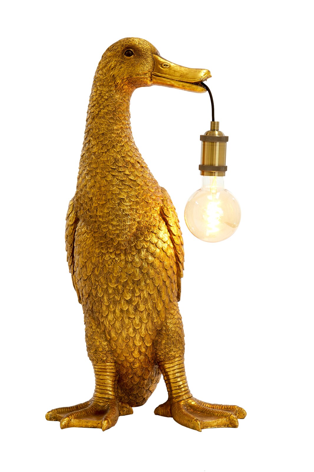 Gouden tafellamp in de vorm van een eend die een gloeilamp in zijn snavel houdt, zijaanzicht